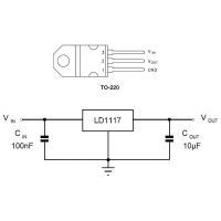 Diagrama de pines y aplicación del regulador LD1117V33